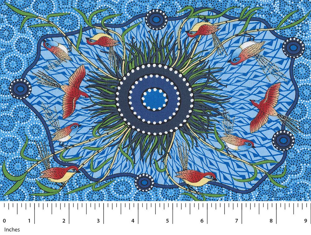 Nambooka is a well-known Aboriginal artist. Her artworks are distinct and focus on moral values and the nature that teaches us. This artwork is about a male southern Emu-Wren which is called Yeerung. It is the symbol of the Kurnai male warriors. Yeerung is known to the Kurnai men as their elder brother and therefore is protected by the men. Kurnai groups are mostly found in the Gippsland region.