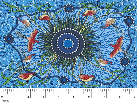 Nambooka is a well-known Aboriginal artist. Her artworks are distinct and focus on moral values and the nature that teaches us. This artwork is about a male southern Emu-Wren which is called Yeerung. It is the symbol of the Kurnai male warriors. Yeerung is known to the Kurnai men as their elder brother and therefore is protected by the men. Kurnai groups are mostly found in the Gippsland region.