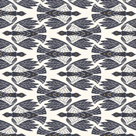 This fabric is covered navy birds with gold stars on the body. Background is bright white.&nbsp;