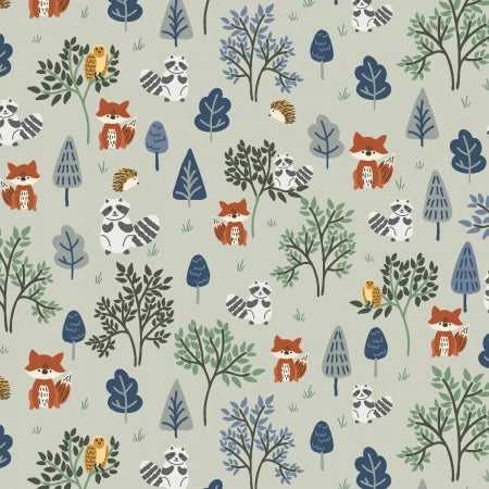 This fabric is from RJR, designed by Ashleigh Fish for the Forest Friends Collection. This fabric is covered in friendly little animals over a sage green background with trees. The foxes are a burnt umber which stand out on the sage green. 