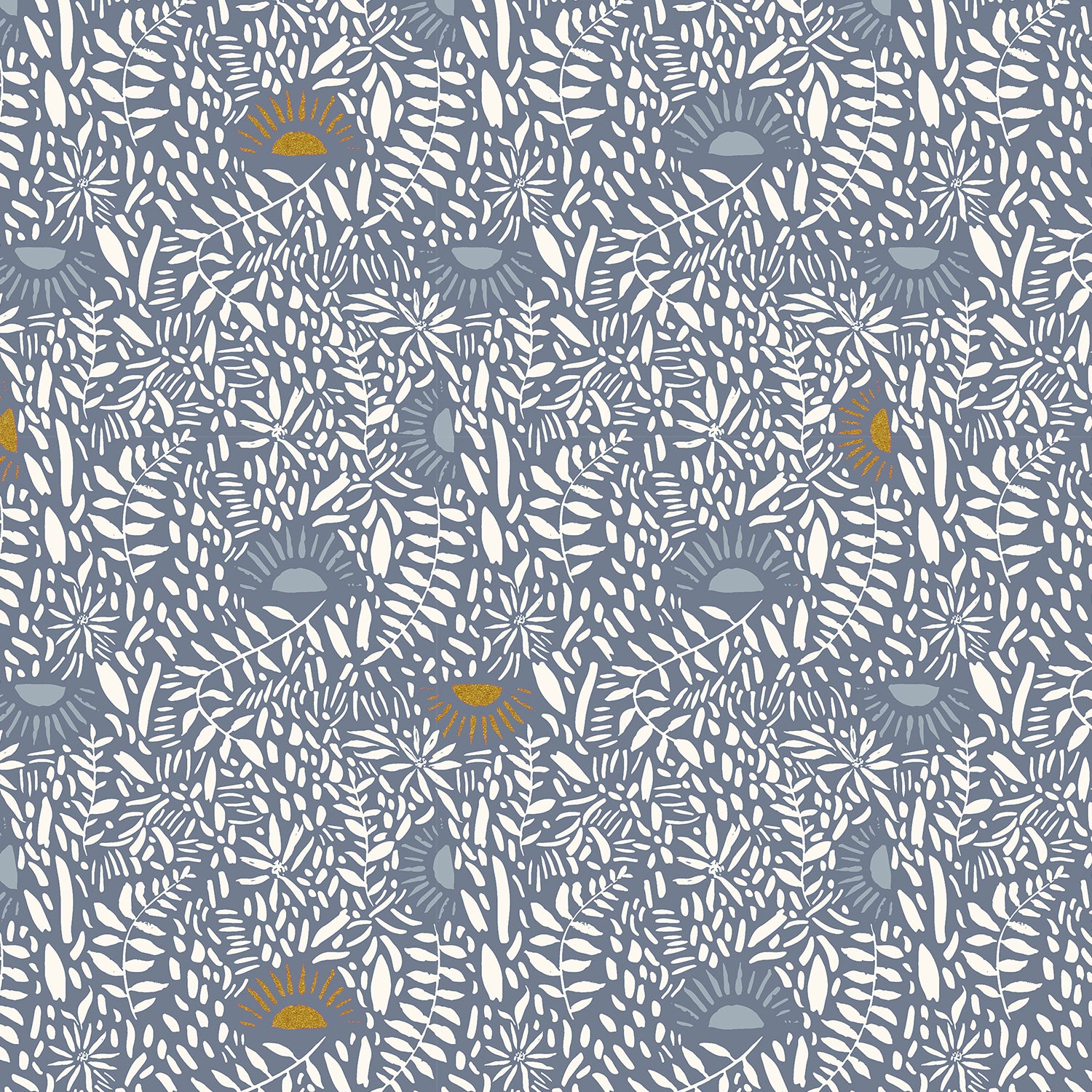 This fabric is covered in white dashes and suns. Hint of gold metallic on top. Denim blue background color.&nbsp;