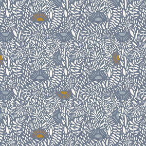 This fabric is covered in white dashes and suns. Hint of gold metallic on top. Denim blue background color.&nbsp;