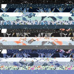 Fabrics from the Cosmic Sea Collection by Jessica Zhao for Cotton &amp; Steel. Narwhal, whale, sea turtle, rays, galaxy and floral patterns with delicate metallic highlights.&nbsp; The colors are blues, greys and pops of coral, purple and white.&nbsp; 100% cotton, 5"x5", 42pcs. per pack