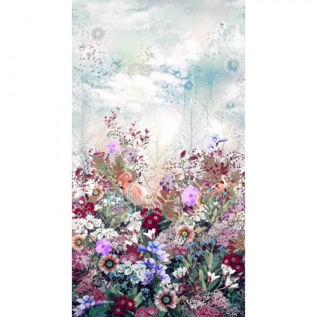 flowers of red, blues and pinks with a single flamingo placed in front of a cloudy sky.  100% Cotton, 44/5"  Panel measures 23" and is $8.50