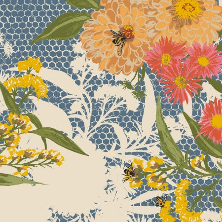 This fabric is from RJR and features beautiful flowers over a blue honeycomb background. Oranges, yellows, pinks, greens and blues make up this vibrant fabric. There are even little bees sitting pretty in the flowers. 100% Cotton, 44/5"
