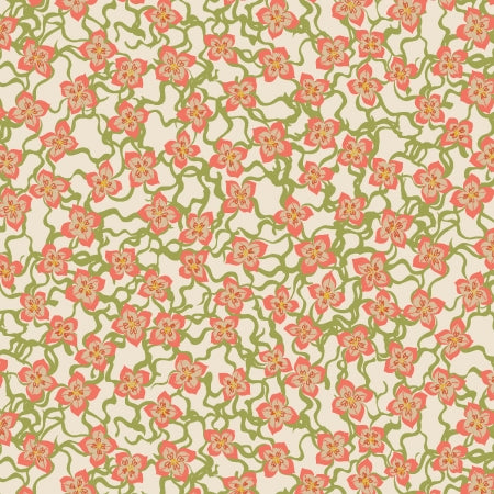 This fabric is from RJR and features little pink flowers in a maze of green vines. This print is over a cream colored background. 100% Cotton, 44/5"