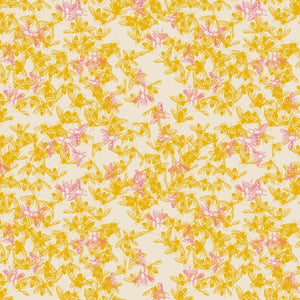 This fabric is from RJR and features bees covering the fabric over a yellow/cream background. The bees are a golden yellow and hot pink. 100% Cotton, 44/5"