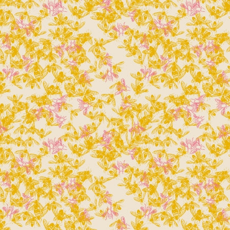 This fabric is from RJR and features bees covering the fabric over a yellow/cream background. The bees are a golden yellow and hot pink. 100% Cotton, 44/5"