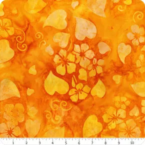 This fabric from Robert Kaufman is a batik with orange flowers and leaves tossed all over a dark orange background.&nbsp;