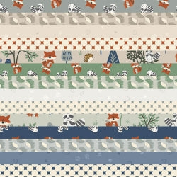 This charm pack is from RJR and features little animals for the collection "Forest Friends" Blenders and soft colors fill this collection. Sage green, dusty blue, umbers, etc. 100% Cotton 5x5 - 42 pieces