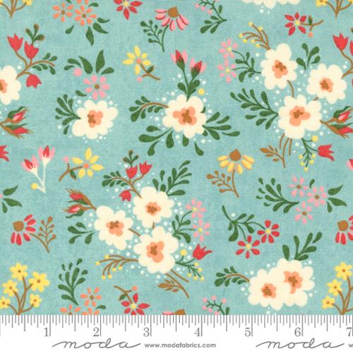 ﻿﻿This bright fabric is covered in leaves and little flowers. The flowers are small/medium scale and are pink, white, yellow, red and green. The background is a sky blue with a hint of teal. From the Fruit Loop collection for Moda. 