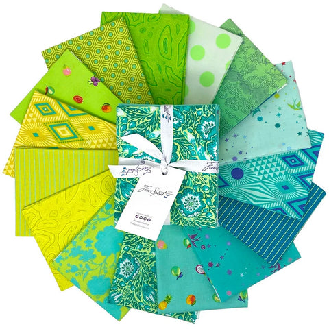 12 Tula Pink fabrics in green, blue and yellow colors. Mix of different popular prints from Tula.