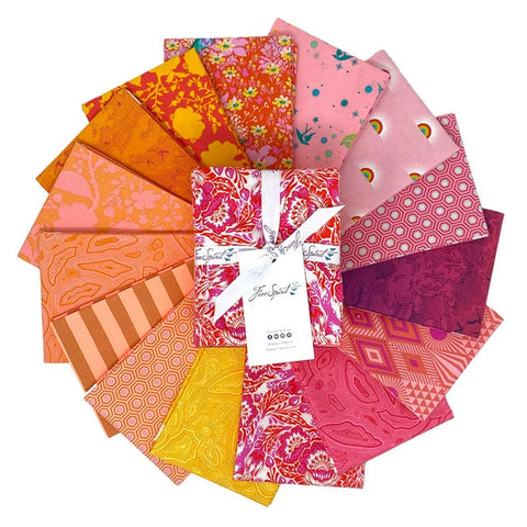 12 Tula Pink fabrics in pink and orange colors. Mix of different popular prints from Tula.
