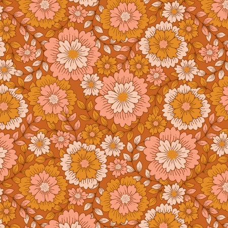This Groovy Boho by Julia Dreams for RJR is a throwback to the 60s. These prints feature large floral designs with orange, reds and pinks. This Marmalade fabric has large and small florals with orange, burnt orange, coral pink and cream. This is a great print for quilting and clothing!   100% Cotton, 44/5"