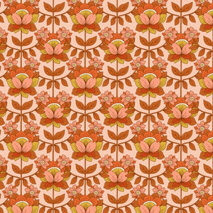 This Groovy Boho by Julia Dreams for RJR is a throwback to the 60s. These prints feature large floral designs with orange, reds and pinks. This Make it Chic fabric features a linear floral print with a light pink background. The flowers are burnt orange, mustard yellow, coral and red. This is a great print for quilting and clothing! 