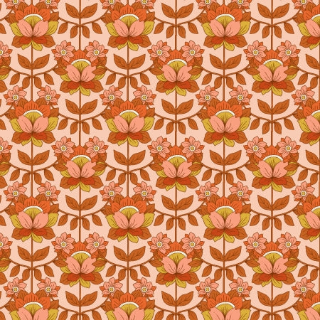 This Groovy Boho by Julia Dreams for RJR is a throwback to the 60s. These prints feature large floral designs with orange, reds and pinks. This Make it Chic fabric features a linear floral print with a light pink background. The flowers are burnt orange, mustard yellow, coral and red. This is a great print for quilting and clothing! 