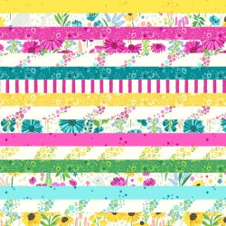 This charm pack is from RJR and features bright florals for the collection "Meadowland". Bright teal, pink, yellow, green, and purple. 100% Cotton 5x5 - 42 pieces