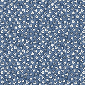 This fabric is covered in white semicircles over a denim blue background with navy blue accents. From the collection Gathering In The Garden.