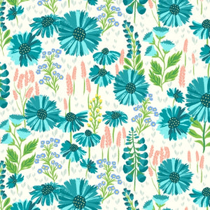 This fabric is from RJR studios and features bright flowers over a bright white background. The flowers are turquoise with some little periwinkle and peach pink flowers. Lush Greenery fills the negative space. 
