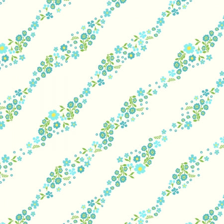 This fabric is from RJR studios and features bright flowers over a bright white background. The flowers are on a diagonal and are in rows to give it a striped illusion. Flowers are blue, green and teal with yellow centers.