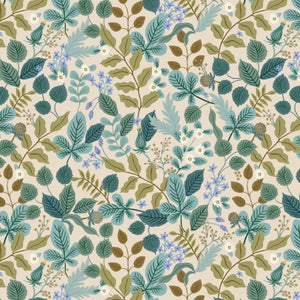 Vintage Garden from Rifle Paper & Co for Cotton & Steel.  This print is full of soft blues and greens over a cream background. Leaves and flowers in all sorts of muted colors.  100% Cotton, 44/5"
