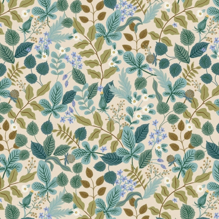 Vintage Garden from Rifle Paper & Co for Cotton & Steel.  This print is full of soft blues and greens over a cream background. Leaves and flowers in all sorts of muted colors.  100% Cotton, 44/5"