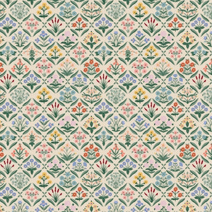Vintage Garden from Rifle Paper & Co for Cotton & Steel.  This print is full of detailed little images of all different kinds of flowers. Framed around leaves, each flower is a different color and has its own little personality!  100% Cotton, 44/5"