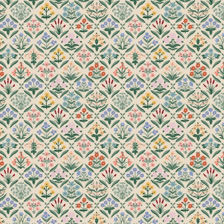 Vintage Garden from Rifle Paper & Co for Cotton & Steel.  This print is full of detailed little images of all different kinds of flowers. Framed around leaves, each flower is a different color and has its own little personality!  100% Cotton, 44/5"