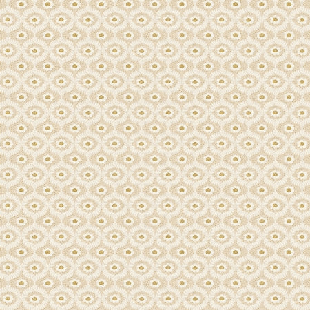 Vintage Garden from Rifle Paper & Co for Cotton & Steel.  This print is a simple gold and white fabric with hints of cream. The little flowers have a gold center and are surrounded by little gold dots.   100% Cotton, 44/5"