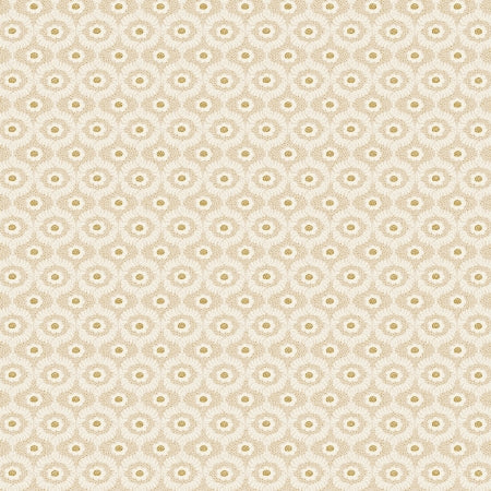 Vintage Garden from Rifle Paper & Co for Cotton & Steel.  This print is a simple gold and white fabric with hints of cream. The little flowers have a gold center and are surrounded by little gold dots.   100% Cotton, 44/5"