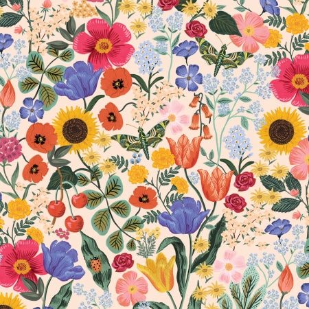 This fabric from Rifle Paper Co. is from the collection Curio. It features bright and bold flowers over a cream background. This fabric is a medium sized print. 