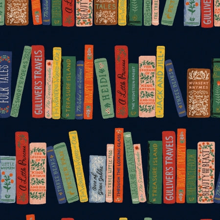 This fabric from Rifle Paper Co. features whimsical books over a navy background. Hints of gold in the book spine. Beautifully designed book covers, you're sure to recognize the titles! 