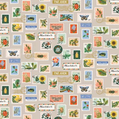 This fabric from Rifle Paper Co. is from the collection Curio. It features postage stamps over a tan background. Hints of metallic. 