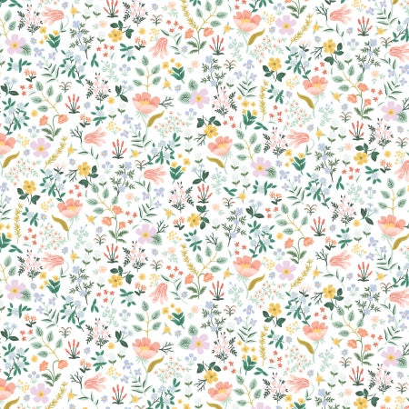 This fabric from Rifle Paper Co. is from the collection Curio. It features tiny flowers and greenery over a bright white background. 