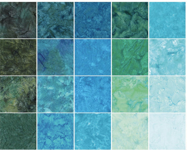 Charm Pack from the Foundations Collection from Island Batik. This charm pack consists of teal fabrics in a range of hue.  100% cotton, 5" in squares, 42pcs.