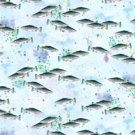 Fabric is covered in rainbow trout over a watercolor inspired blue background with hints of purples, yellows, greens and blues.&nbsp;&nbsp;