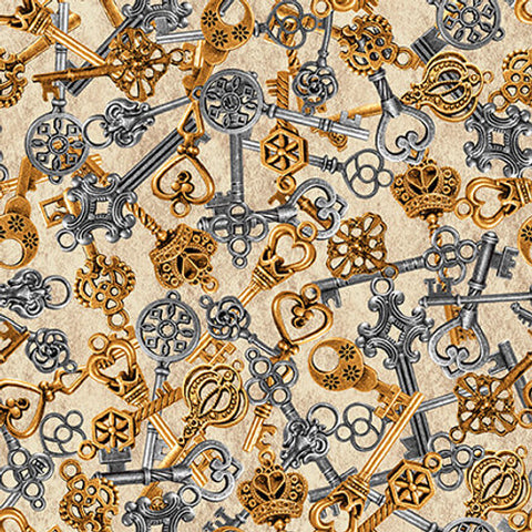 This steampunk inspired fabric is covered in Victorian keys tossed all over a beige background. Since the keys are gold silver and bronze, this fabric would work with an assortment of metals! This fabric coordinates well with the "Parchment Hot Air Balloons" fabric! Designed by Tim Holtz for Eclectic Elementz 