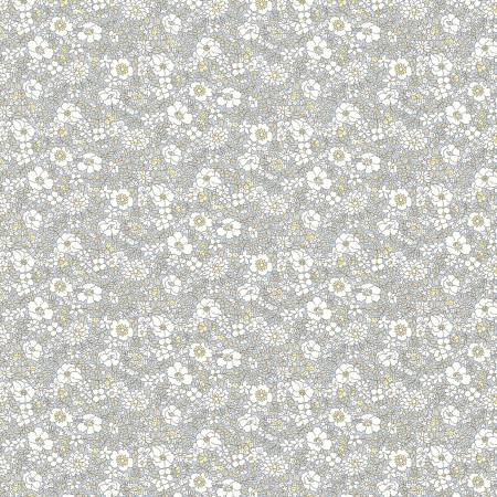 This floral Liberty of London Fabric is covered in small white flowers with a yellow center over a light grey background. This fabric is quilting cotton weight but would also be great for any other kinds of sewing projects! By Riley Blake Designs