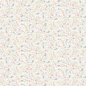 This floral Liberty of London Fabric is covered in dainty flowers that are all different pastel colors. Periwinkle, yellow, pink and green over a white background. This fabric is quilting cotton weight but would also be great for any other kinds of sewing projects! By Riley Blake Designs