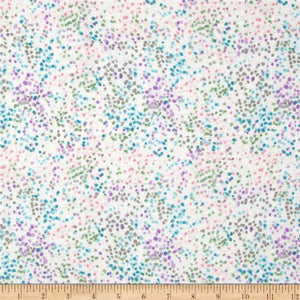 This beautiful lightweight double gauze fabric features tiny little dots in different colors! One of the colorways has pinks, purples, greens and blues while the other one has blues, yellows, and greys. This lightweight fabric would be great for swaddling blankets, burp cloths, bedding, garments and more. 