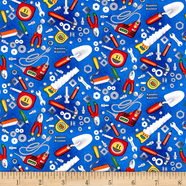 From Fabri-Quilt, this cotton print fabric features a bunch of construction tools for any project you could ever imagine. Perfect for quilting, apparel and home decor accents. Colors include white, shades of grey and red, green, golden orange, yellow and shades of blue.