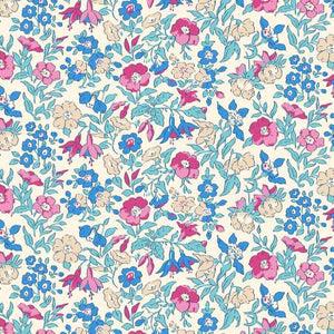 ﻿Gorgeous Floral Liberty of London print! This classic floral design is reminiscent of the 30s/40s and is full of magentas, beiges, blues and turquoise flowers on a white background. Super soft hand!   100% Cotton, 44/45"