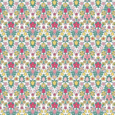 Adorable floral! Retro - reminiscent of the 60s. Pinks, greens, and yellows on a white background. Lovely jubilant flowers! Perfect for quilting, crafting, and even garment making. Super soft hand!   100% Cotton, 44/45"