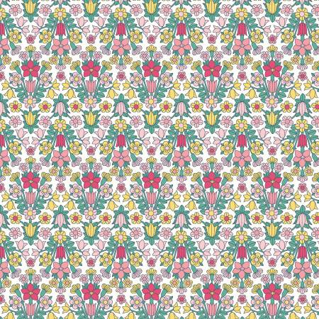 Adorable floral! Retro - reminiscent of the 60s. Pinks, greens, and yellows on a white background. Lovely jubilant flowers! Perfect for quilting, crafting, and even garment making. Super soft hand!   100% Cotton, 44/45"