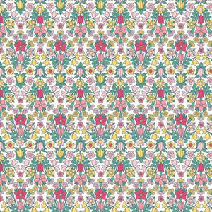 Adorable floral! Retro - reminiscent of the 60s. Pinks, greens, and yellows on a white background. Lovely jubilant flowers! Perfect for quilting, crafting, and even garment making. Super soft hand!   100% Cotton, 44/45"