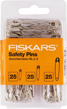 Fiskars® Assorted Safety Pins can be used for nearly any crafting or sewing project and for quick clothing fixes. Keep this 75 piece set on-hand, and find new ways to use these safety pins, sized 00 (3/4in long) through 3 (2in long). Nickle-plated steel is rust resistant and durable.