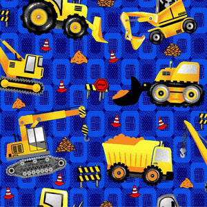 Build 101 - Construction trucks on a blue background. 100% Cotton, 44/45in