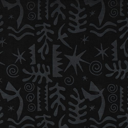 This abstract black cotton is a great substitute to plain black. Tribal and ocean inspired shapes cover this fabric. The shapes are a dark stone grey on a black background.   - 100% cotton 