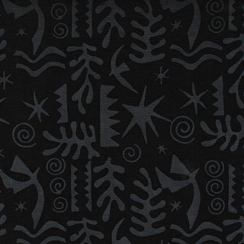 This abstract black cotton is a great substitute to plain black. Tribal and ocean inspired shapes cover this fabric. The shapes are a dark stone grey on a black background.   - 100% cotton 