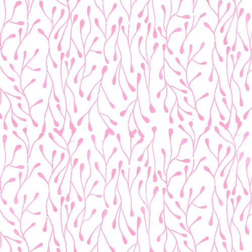 This pretty fabric is from Island Batik. White background covered with pink stems and buds. Would be beautiful with a bright print that highlights this pretty pink color. 
